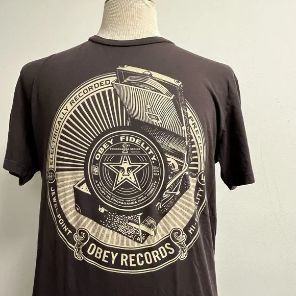 OBEY Records gray graphic cotton short sleeve t shirt L